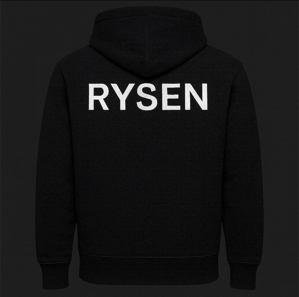 RYSEN Hoodie – White Phoenix + RYSEN (white on deep black)