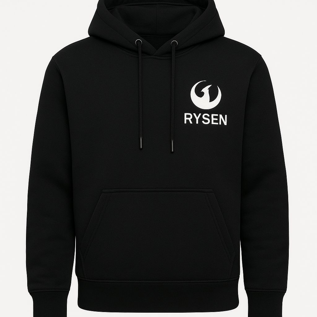 RYSEN Hoodie – White Phoenix + RYSEN (white on deep black)